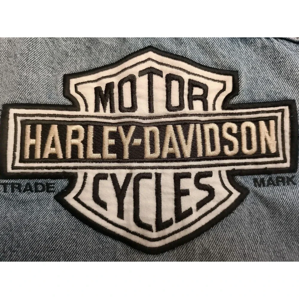 Vintage Harley Davidson Blue Jean Denim Vest Jacket Embroidered Logo Back XL